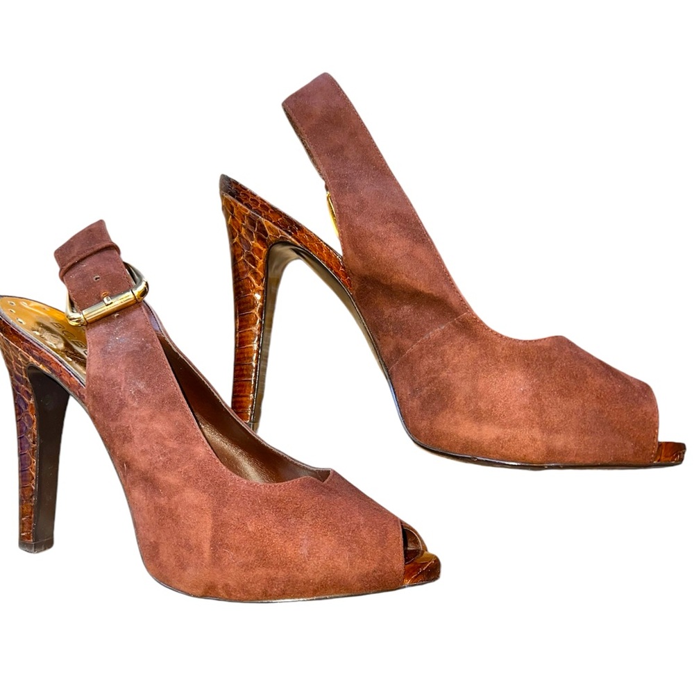BCB Girls 7.5 Peep-Toe Alligator Print Heels, Suede Leather, Gold Buckle